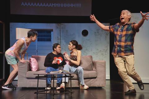Image of Hossan Leong, Azura Farid, Medli Dorothea Loo and Rody Vera. Rody is seen with his arms flailing and shocked facial expression running towards the other end where Hossan is at. Azura and Medli are seated closely next to each other on the couch.