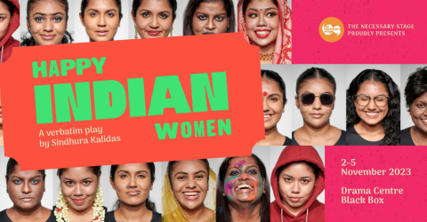 Publicity poster Images of cast members as various characters with title: Happy Indian Women and details of the production