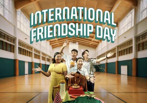 Image of cast members in a school hall with the title "International Friendship Day"