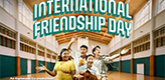 Three students and their teacher showcasing ethnic artefacts in a school hall, with the title "International Friendship Day"